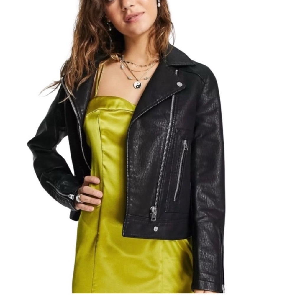 ASOS top shop faux leather biker jacket black size 2